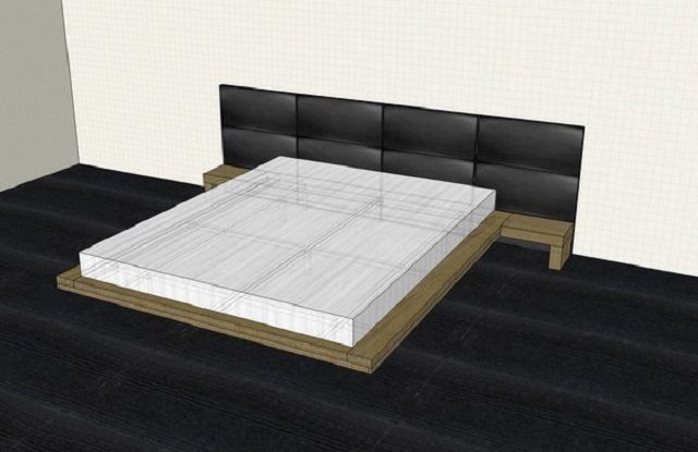 Трехмерная модель парящей кровати, вид сверху. Создавая подобную модель, вы получите возможность оценить внешний вид будущего изделия еще даже до того, как будут куплены первые материалы
